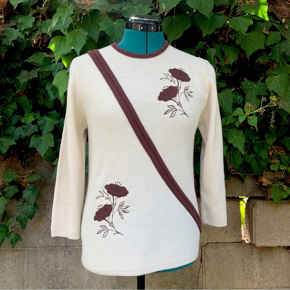 Vintage 60s Sweater S Cream Brown Morning Glory Floral Embroidered MCM